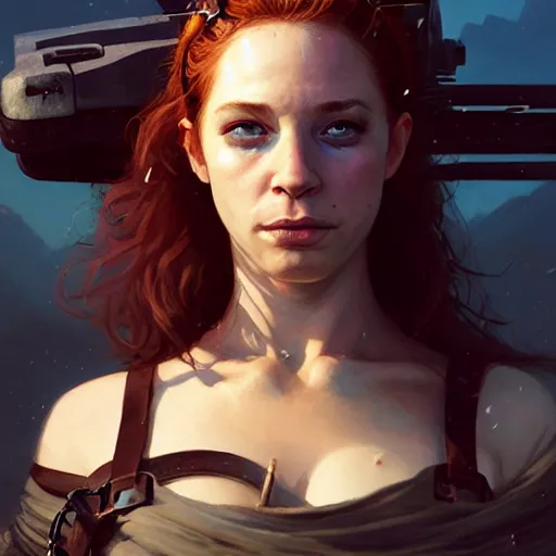 Image similar to highly detailed portrait young skinny christina hendricks in mad max dressed as a barbarian fighter, stephen bliss, unreal engine, fantasy art by greg rutkowski, loish, rhads, ferdinand knab, makoto shinkai and lois van baarle, ilya kuvshinov, rossdraws, tom bagshaw, global illumination, radiant light, detailed and intricate environment