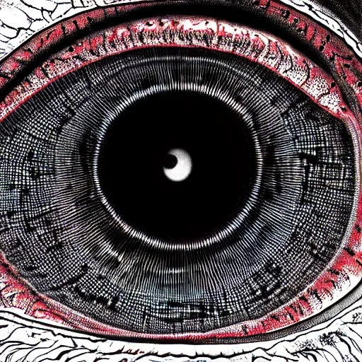 Image similar to a detailed extremely close up of inside the iris, cornea, red image, microscopic, extremely close up drawing by junji ito, cgsociety, generative art, lovecraftian, parallax, cosmic horror, extremely detailed, hyperrealism, unreal engine, octane render, award winning, masterpiece, highly detailed, realistic, 4 k, digital