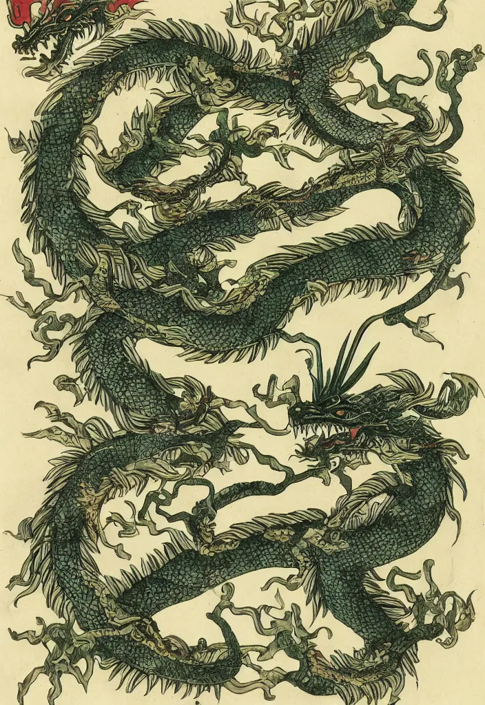 Image similar to vintage chinese dragon in a tropical forest, john james audubon, intaglio, 8 k resolution