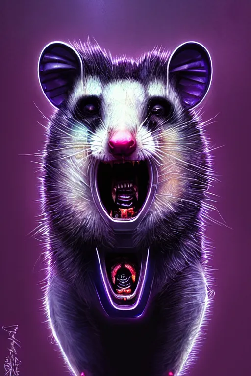 Image similar to a beautiful portrait of a cute cyberpunk opossum screaming by sandra chevrier and greg rutkowski and wlop, purple blue color scheme, high key lighting, volumetric light, digital art, highly detailed, fine detail, intricate, ornate, complex, octane render, unreal engine, photorealistic