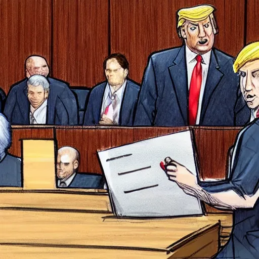 Image similar to saul goodman defending former president donald trump in court to a jury of mario party characters, courtroom drawing, sketch