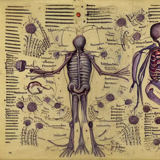 Prompt: Anatomical drawing of a Minion, with organs labeled. Highly detailed. Voynich Manuscript. Medical Textbook