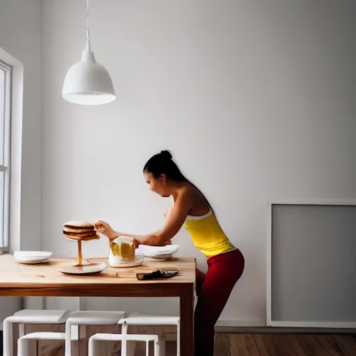 Image similar to photorealistic image of a beautiful girl cooks delicious pancakes in a minimalist kitchen with white walls, a red oak table.