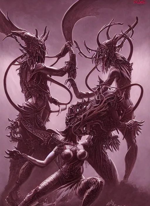 Prompt: two female demons dancing, queen of blades, diablo 4 lilith, line art, by artgerm, by yusuke murata, by hiroya oku, by dorian cleavenger, by zdzisław beksinski, trending on artstation