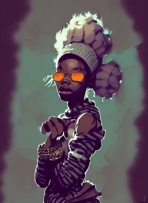 Image similar to highly detailed portrait of a sewer punk african lady, tartan hoody, white afro hair by atey ghailan, by greg rutkowski, by greg tocchini, by james gilleard, by joe fenton, by kaethe butcher, gradient cyan, brown, blonde cream and white color scheme, grunge aesthetic!!! ( ( graffiti tag wall background ) )