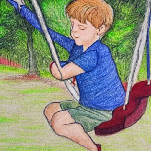 Image similar to children's illustration of a boy playing on a swing, coloured pencil