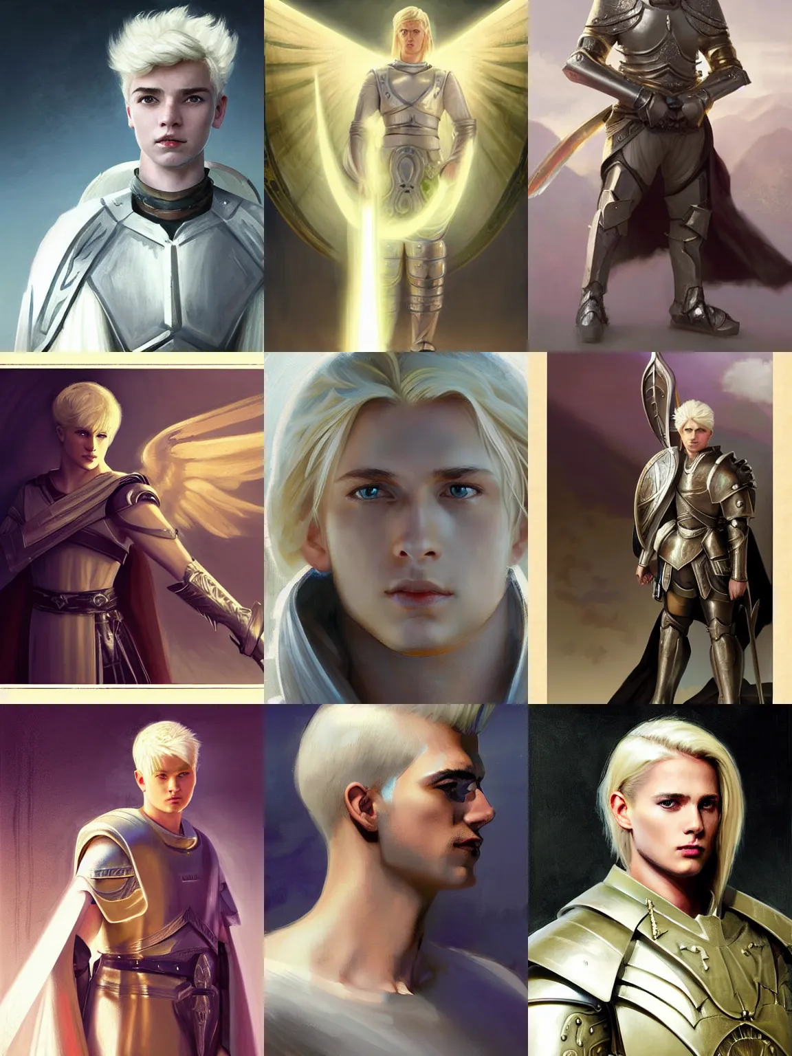 Prompt: Portrait of a young Aasimar man wearing a paladin's garb with short platinum blonde hair a kind face a halo of light and a distantly hopeful expression, cinematic lighting, detailed, beautiful, illustration by Greg Rutkowski, Andrei Riabovitchev Jean Giraud Tom Anders Zorn, Edward Hopper and Ilya Kushinov, Frederick Bacon, Tom Anders Zorn, John Collier, Vladimir Abat-Cherkasov