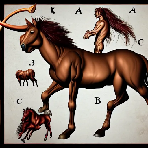 Image similar to centaur anatomy reference sheet, 8k, very detailed.