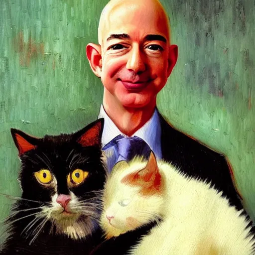 Prompt: a beautiful oil painting of jeff bezos holding a cat, 8k , award winning , made in 1800's , old , painted by vincent van gogh