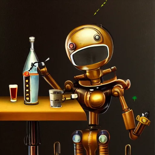 Prompt: a steampunk robot is at the bar and orders a drink from a cyber punk (TY beanie baby puppy), cgsociety, old master.