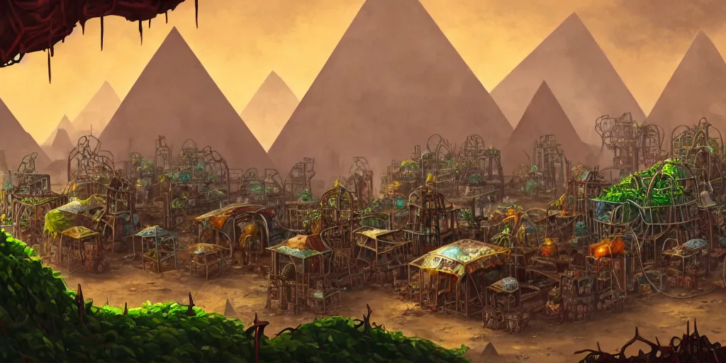 Image similar to colored merchant tents surrounded by chrome pyramids, rusted plants and vines, matte oil painting, retrofuturistic, science fantasy, mutant, lgbt, queer, rpg, epic, badlands, slime, sentient, dungeons & dragons, sacred, sharp focus, award - winning, extremely detailed, 4 k, 8 k