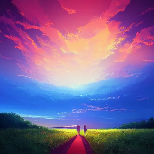 Prompt: beautiful digital art of a trail of altocumulus clouds across the sky, beautiful, award - winning, digital art, sunset colors, antview, line trail, perspective, only sky in sight, by alena aenami, trending on artstation