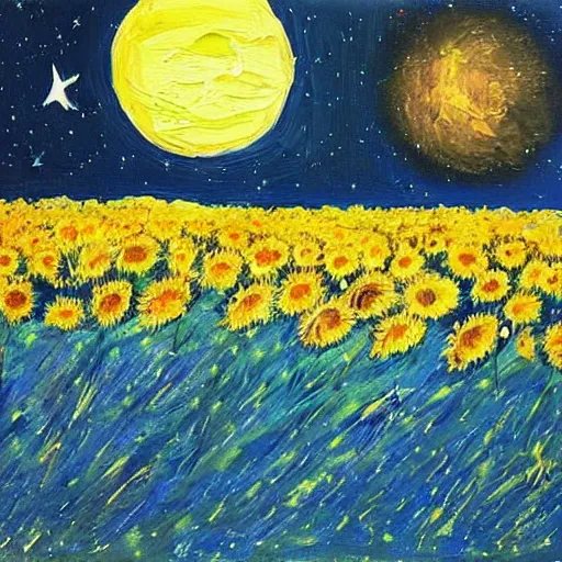 Image similar to The painting is of a night sky, with stars and a crescent moon. In the foreground are sunflowers. The brushstrokes are thick and visible, giving the painting a textured look. The colors are mostly dark, but there are also some yellows and blues.