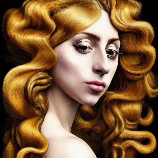 Image similar to photo realistic, hyper realism, lady gaga artpop act ii album, intricate detail, hyper detail, sandro botticelli style, with honey light brown rapunzel hair, detailed, masterpiece, sharp focus,