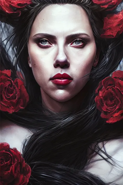 Image similar to a fancy portrait of a Scarlett Johansson as horrific lady death by Greg Rutkowski, Sung Choi, Mitchell Mohrhauser, Maciej Kuciara, Johnson Ting, Maxim Verehin, Peter Konig, final fantasy , mythical, 8k photorealistic, cinematic lighting, HD, high details, atmospheric,