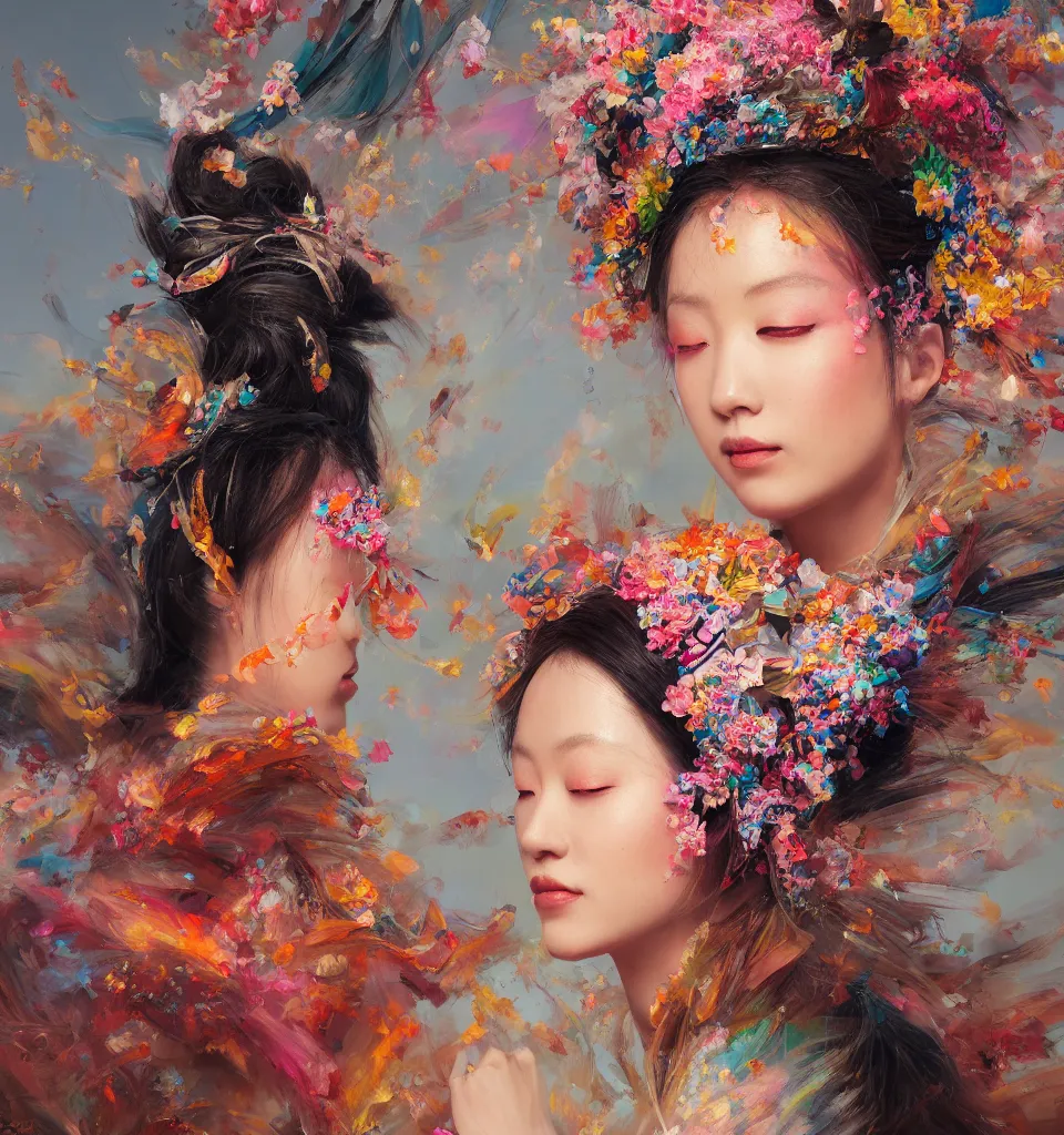 Image similar to beautiful japanese oil panting of a lady in headdress, colorful brush strokes, rendered by octane, depth of field, ultra detailed, rococo, zen concept, powerful composition, trending on artstation, 8k