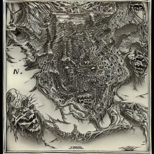 Image similar to old vintage dark fantasy map, horror, nightmare, extremely detailed, elden ring