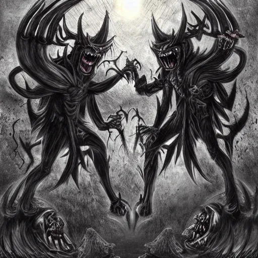 Image similar to Two demons fight each other in hell , dark gothic style, artwork, 4k