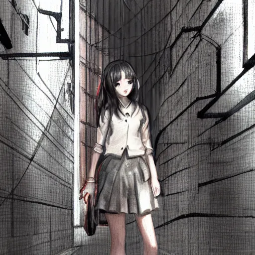 Prompt: a perfect, realistic professional digital sketch of a Japanese schoolgirl posing in a dystopian alleyway, style of Marvel, full length, by pen and watercolor, by a professional American senior artist on ArtStation, a high-quality hollywood-style sketch, on high-quality paper