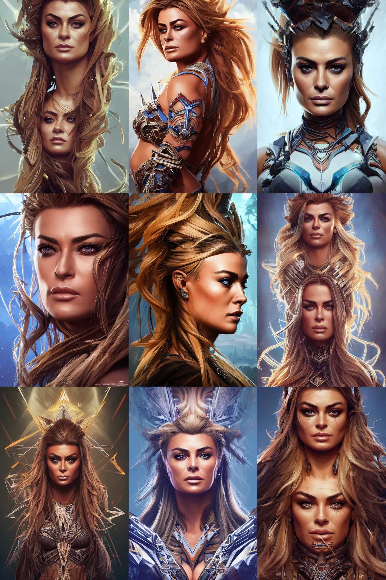 Image similar to symmetry!! portrait of carmen electra in the style of horizon zero dawn, machine face, intricate, elegant, highly detailed, digital painting, artstation, concept art, smooth, sharp focus, illustration, art by artgerm and greg rutkowski and alphonse mucha, 8 k