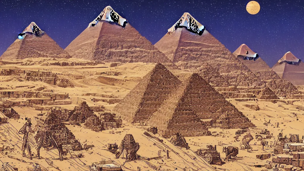 Image similar to highly detailed illustration the pyramids of giza by moebius, nico delort, oliver vernon, kilian eng, joseph moncada, damon soule, manabu ikeda, kyle hotz, dan mumford, otomo, 4 k resolution