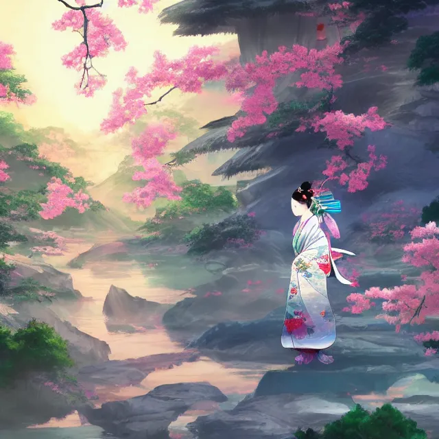 Image similar to detailed 風 景 + luminescent 背 景 + scenery artwork 厚 塗 り, artstation!! pixiv!! coloful geisha in foreground!!