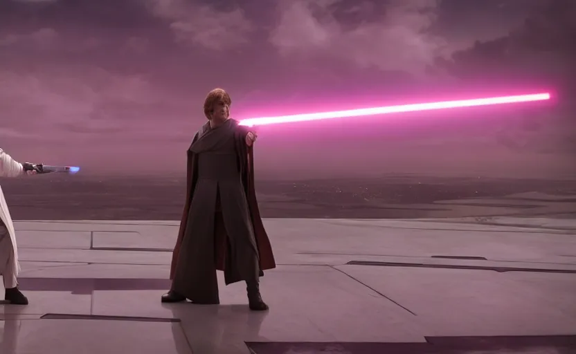 Image similar to iconic wide cinematic screen shot of luke skywalker dueling with a white robed female sith lord, standing with a view of coruscant at sunset, from the thrilling scene from the hbo succession, moody cinematography, foggy pink volumetric lighting, hyper detailed scene, anamorphic lenses 2 4 mm, lens flare, award winning