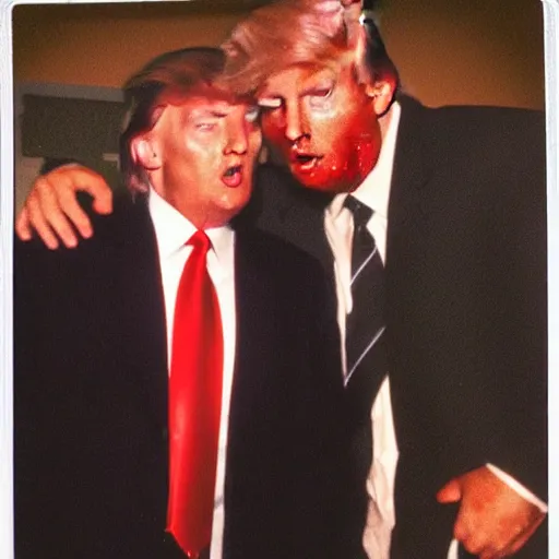 Image similar to polaroid movie still of zombie donald trump eating tucker carlson on foxnews,