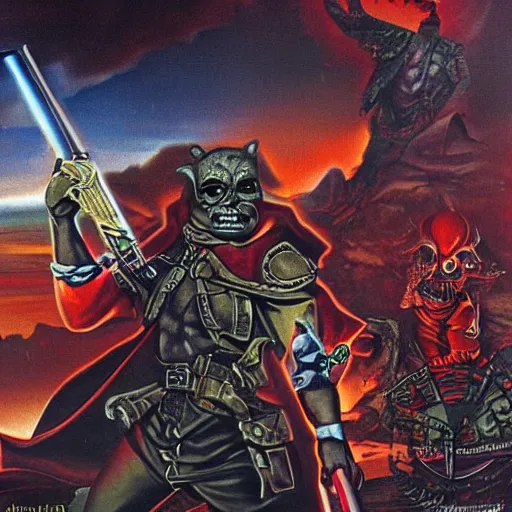 Image similar to high fantasy 1 9 8 0's wargame airbrushed artwork, an american senator overcome by dark mysterious energy, red glowing evil possessed eyes, waving a chrome revolver