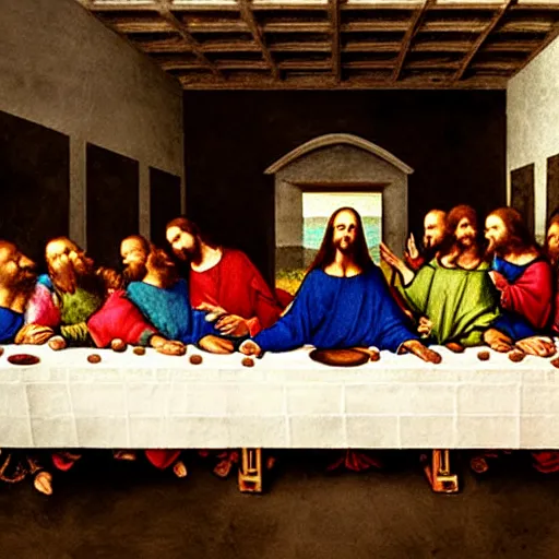 Image similar to cate blanchett as Jesus in the last supper by Leonardo davinci