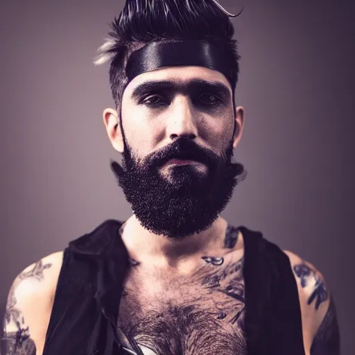 Image similar to bust portrait of handsome proud man with short black hair with some grey hair, very short full beard warrior, cyberpunk, fashion editorial photography, neon color scheme, waist up, low angle