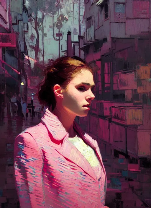 Image similar to portrait of a beautiful girl, eyes closed, open mouth, shades of pink, beautiful face, rule of thirds, intricate outfit, spotlight, by greg rutkowski, by jeremy mann, by francoise nielly, by van gogh, digital painting