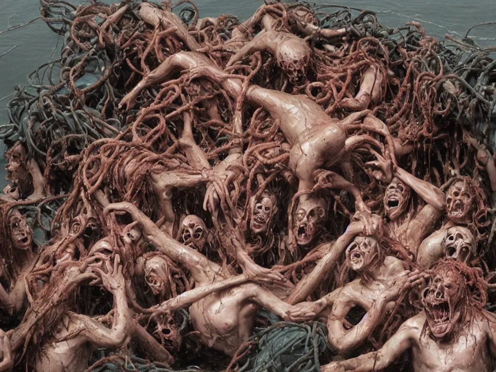 Image similar to the raft of the medusa as an animatronic body horror film, rubber latex, fleshy, Cronenberg, Rick Baker, dramatic film still, daylight, photo real, extremely detailed, wet, slimy, wide angle, rule of thirds, 28mm, 1984, vivid colors, Eastman EXR 50D 5245/7245