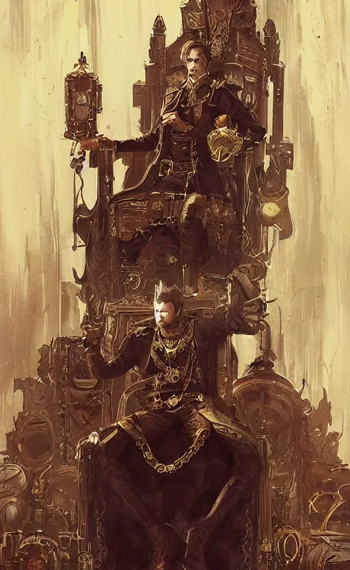 Image similar to « beautiful comic style painting of steampunk king on the throne by greg rutkowski, very detailed »