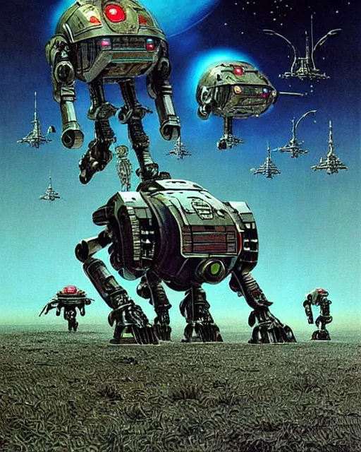 Image similar to attack of the killer robots, concept art, intricate details, highly detailed, vintage sci - fi poster, retro future, in the style of chris foss, rodger dean, moebius, michael whelan, and gustave dore