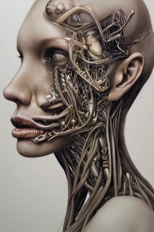 Prompt: beautiful portrait of biomechanical being by marco mazzoni, detailed, realistic skin color