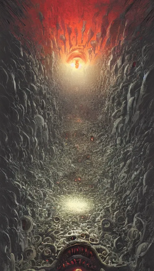 Prompt: a storm vortex made of many demonic eyes and teeth, by marc simonetti