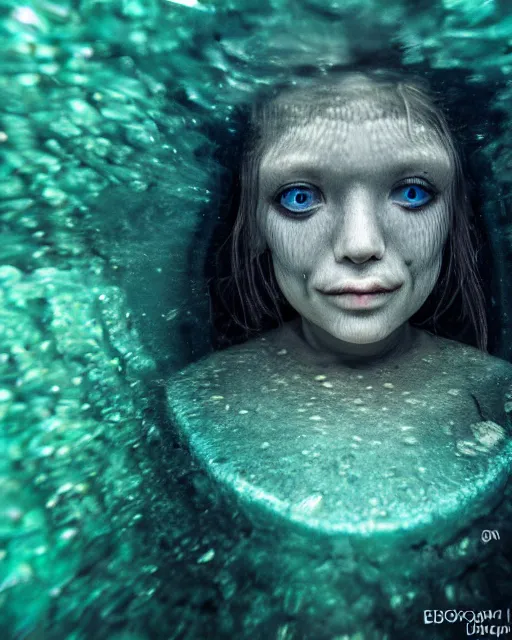 Prompt: detailed eyes, face of an underwater human descendant fishwoman, macro lens, mariana trench, dark, hd, dagon
