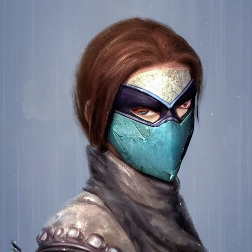 Prompt: bandit from ‘ icewind dale ’, with a frost blue gem mask lined with copper, ‘ icewind dale 2 ’ profile portrait by ‘ justin sweet ’, falling snow, soft focus, illustration, oil paint, artstation