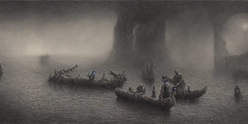 Image similar to ferrying deceased souls across the river and into the underworld by beksinski, wayne barlowe