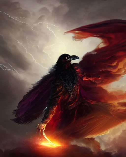 Image similar to oil painting of Anthropomorphized Raven Sorcerer casting spell, magical runes flying, wearing fur cloak, sharp focus, lightning storm background, magical aura, heroic pose, fantasy style, octane render, volumetric lighting, 8k high definition, by greg rutkowski, highly detailed, trending on art Station, magic the gathering artwork, Thunderstorm background, centered, dramatic artwork