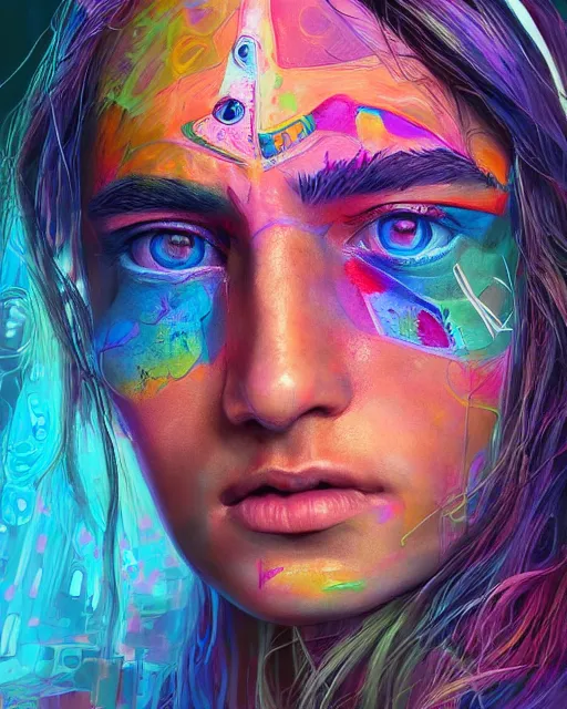 Prompt: colorful detailed portrait of a hippie, set in the future 2 1 5 0 | highly detailed face | very intricate | symmetrical | professional model | cinematic lighting | award - winning | painted by mandy jurgens | pan futurism, dystopian, bold colors, cyberpunk, groovy vibe, anime aesthestic | featured on artstation