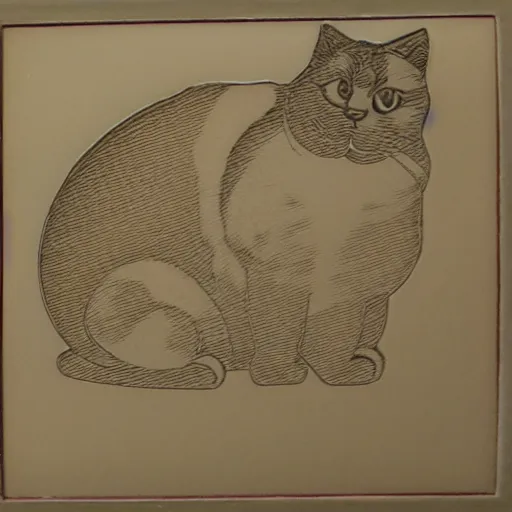 Prompt: woodblock etch of the most chubby cute cat ever, this cute chunky monster has rolls, Epic Cat