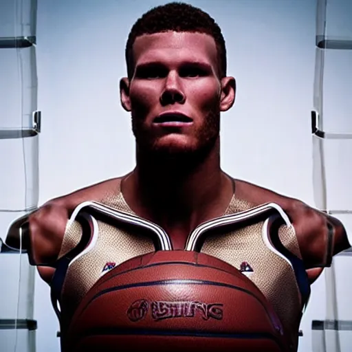 Image similar to “a realistic detailed photo of a guy who is an attractive humanoid who is half robot and half humanoid, who is a male android, basketball player Blake Griffin, shiny skin, posing like a statue, blank stare”