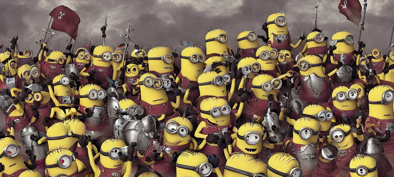 Prompt: Minions Burgundian Deus Vult Crusade in the style of Michelangelo