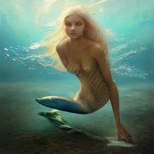 Image similar to High detail painting of a mermaid in a clam underwater fantasy world, full body, long blonde hair, blue eyes, fish tail, digital art, highly detailed, Greg Rutkowski, Chris Moore