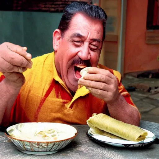 Image similar to Fred Flintstone eating tamales