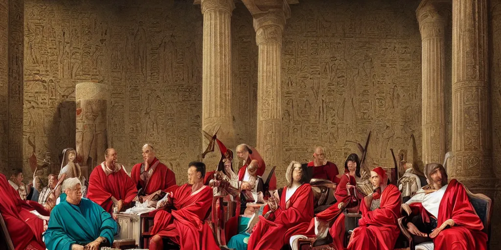 Image similar to ancient senators in red and white robes sit in tribunes, egyptian teal mosaic background, highly detailed, beautiful cinematic light deep focus, elegant, digital painting, smooth, sharp focus, golden ratio, dramatic illumination, art by aleksi briclot, rutkowski and caravaggio