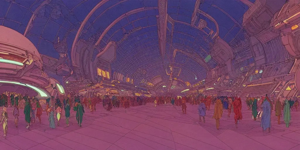 Image similar to cel shaded cinematic shot of the interior of a sci-fi space station with ornate Elven architecture bustling with people, epic castle, emerald, crystalline, detailed illustration, sharp focus, concept art by Moebius, Jean Giraud Moebius