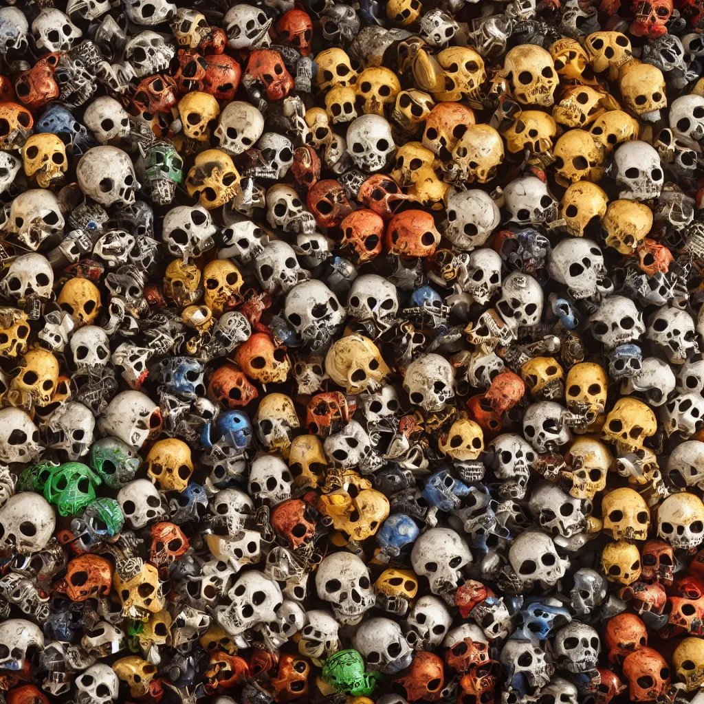 Image similar to a collection of rare large insects and metal skulls, inside different color wooden boxes. top down photo, close macro photo. cinema 4d render , studio photo, 8k